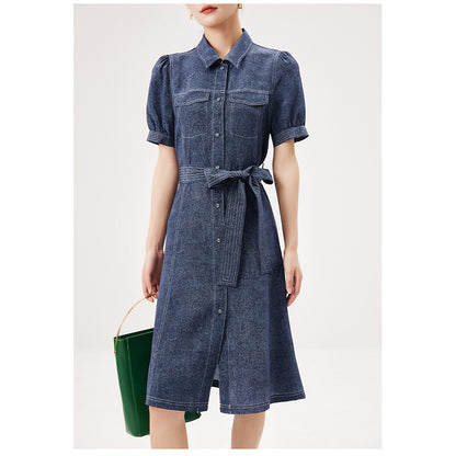 2025 Heavy silk dress, denim printing waist design, Hangzhou mulberry silk summer new women's skirt