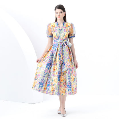 retro court style printing dress women's cross V-neck strap mesh bubble sleeve waist long dress