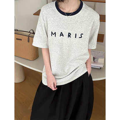 2025  Spring New Korean Version Front Shoulder Niche Design Contrasting Color Crew Neck Splicing Short Sleeve T-Shirt 80118