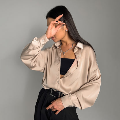 Spring new acetic acid satin long-sleeved shirt high-end temperament commuter versatile women  design sense niche