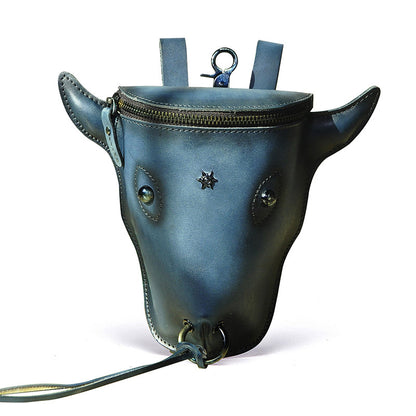 FLOWERSVERSE New Top Layer Crazy Horse Skin Cowhide Foreign Trade Men's Retro Cool Cow Head Large Capacity 7-Inch Waist Bag Leg Bag 835