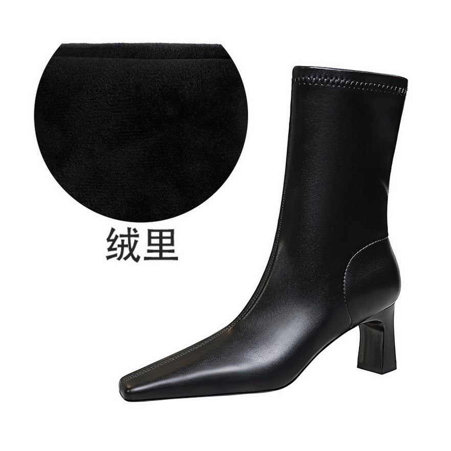 FLOWERSVERSE 2025 375-12  style fashionable simple and versatile winter short women's boots thick heel high heel square head pedicure and thin short boots