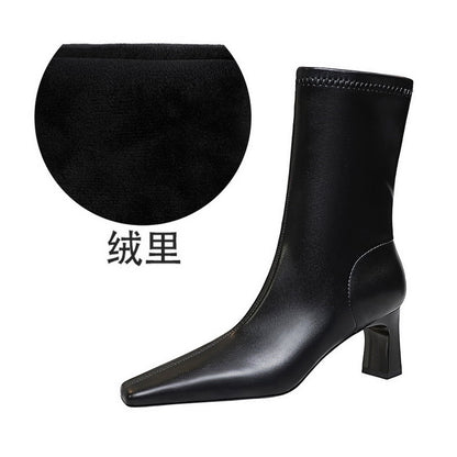 FLOWERSVERSE 2025 375-12  style fashionable simple and versatile winter short women's boots thick heel high heel square head pedicure and thin short boots