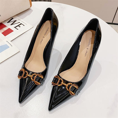 2025 966-6 Korean version of horse title buckle single shoes femininity pointed head thin heel large size high heels shallow mouth patent leather professional women's shoes