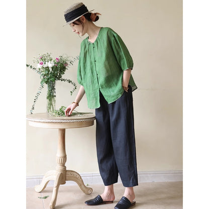 Mountain field cool, handmade button-up Chinese shirt  summer new green small fresh literary and retro top