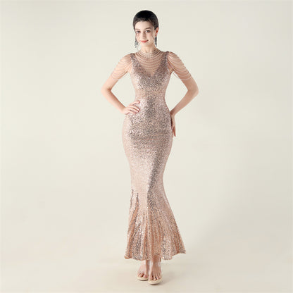33553 # new turtleneck fishtail evening dress, beaded embroidered sequined crystal diamond decoration, red carpet wedding banquet dress