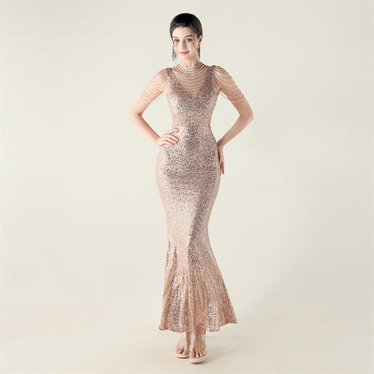 33553 # new turtleneck fishtail evening dress, beaded embroidered sequined crystal diamond decoration, red carpet wedding banquet dress