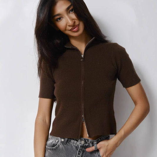 Sexy short-sleeved zipper cardigan T-shirt women's spring and autumn new tight low-necked solid color half-high round neck bottoming T-shirt tide