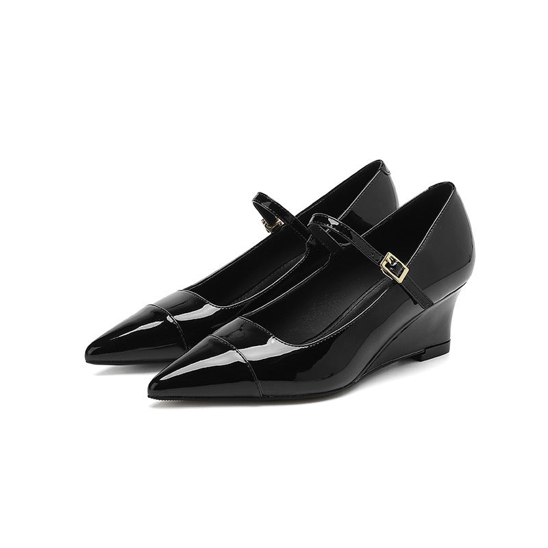 2025 5162-3 one-word pointed high heels women's color matching wedge heel single shoes women's shallow mouth professional commuter high heel single shoes women
