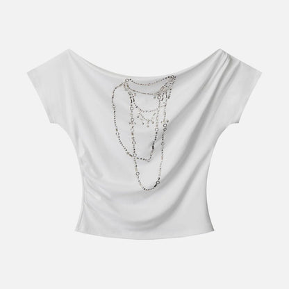 spring new slanted shoulder pure desire style Spice Girl gray T-shirt women's loose heavy industry metal decorative top New