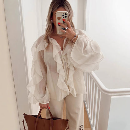 high-end design sense solid color temperament chiffon ruffle edge zipper top versatile comfortable loose long-sleeved shirt