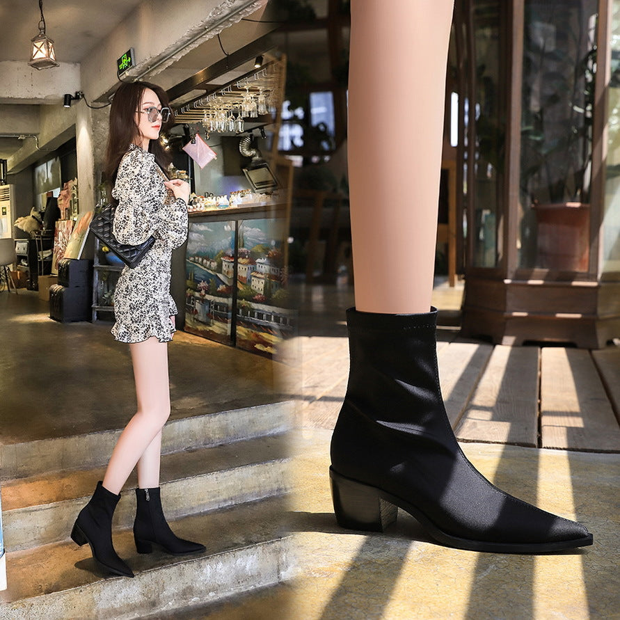 FLOWERSVERSE 2025 009-13  style fashionable and sexy nightclub pedicure and thin comfortable thick heel high heel pointed elastic Lycra short boots