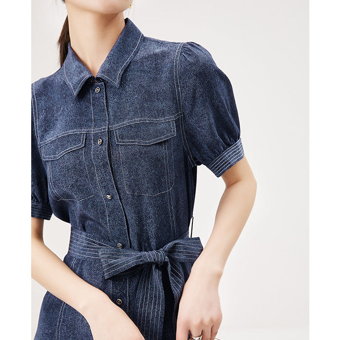 2025 Heavy silk dress, denim printing waist design, Hangzhou mulberry silk summer new women's skirt