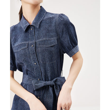 2025 Heavy silk dress, denim printing waist design, Hangzhou mulberry silk summer new women's skirt