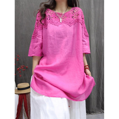 spring and summer new retro ramie hollow splicing loose casual solid color shirt fashionable versatile medium sleeve top