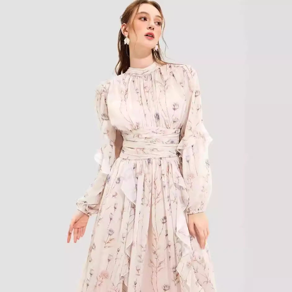 FLOWERSVERSE 2025 cross-border new autumn and winter fashion chiffon printed lotus leaf edge temperament long-sleeved evening dress dress