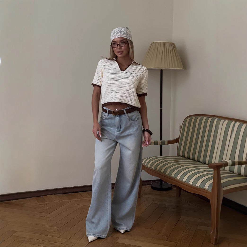 personalized summer new knitted hollow navy round neck five-quarter sleeve polo shirt front shoulder women's short loose and spicy