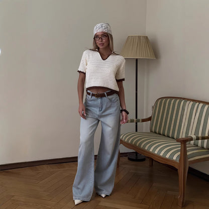 personalized summer new knitted hollow navy round neck five-quarter sleeve polo shirt front shoulder women's short loose and spicy