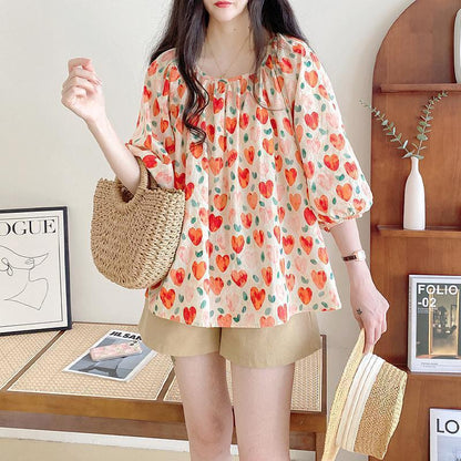 Large size 100kg fat mm Popular style age-reducing bubble sleeve top women's summer new Korean version doll shirt thin T-shirt women
