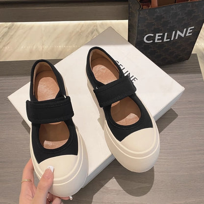 flowersverseZhao Lusi Same Style Canvas Mary Jane Shoes Female Mona All-Match Big Head Nurse Shoes Spring and Summer  Style Platform White Shoes