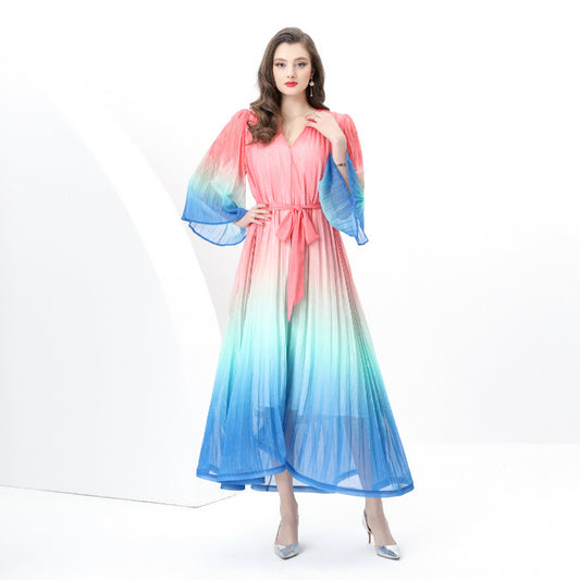 women's clothing  new niche light ripe wind waist strap loose V-neck horn sleeve gradual change color dress
