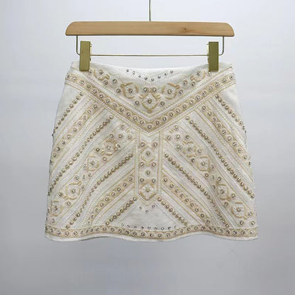 2025 spring new court luxury beaded high waist skirt linen A-word skirt