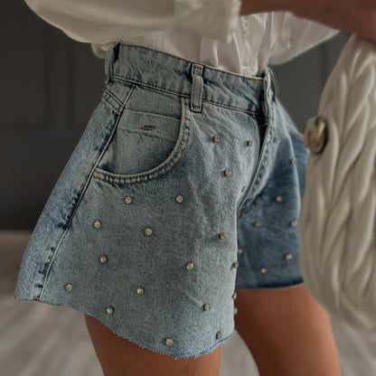 Spring new riveted denim shorts women's curling edge personality fashion and thin small hot pants Spice girl trendy brand