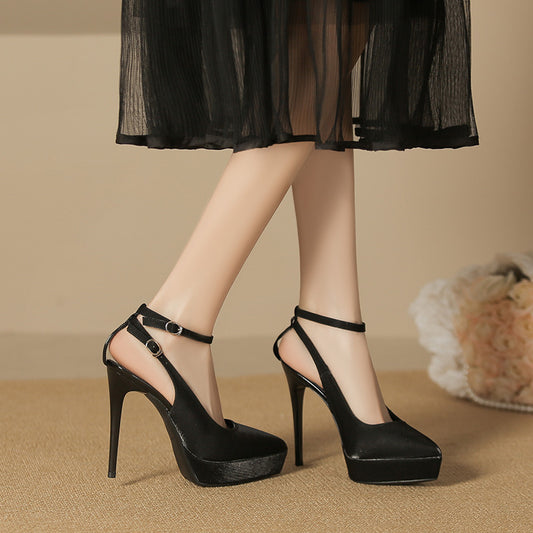 2025 1233-1 one-word bag head sandals pointed thin heels high heels waterproof table super high heels satin single shoes are not tired