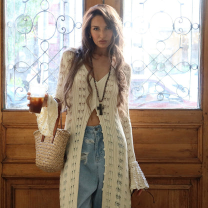 single attitude Spice Girl personality style super long design knitted cardigan women's clothing hollow crochet solid color high sense