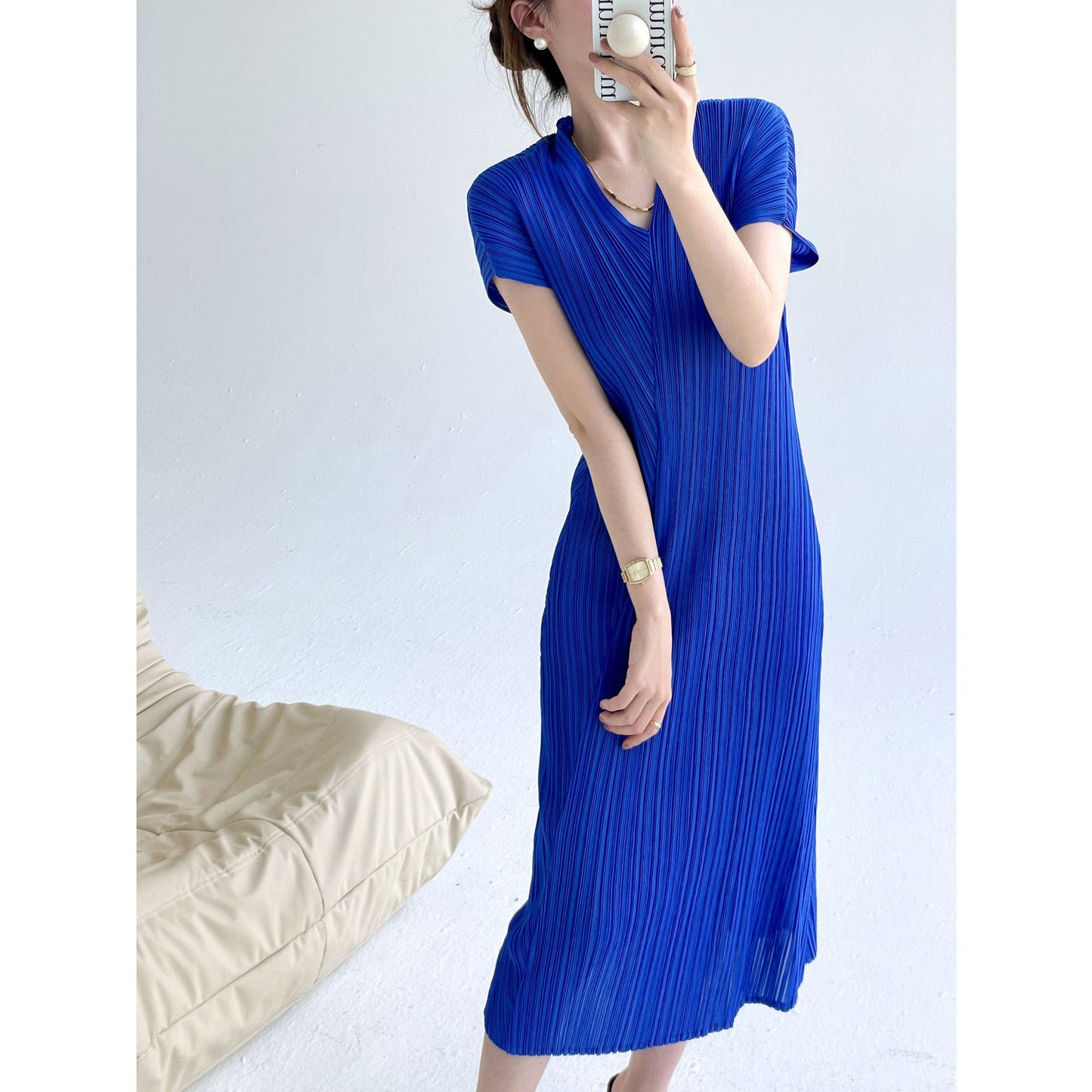 Pleats  summer new high-end design v-neck slim-fitting and thin Miyake dress temperament elegant long dress