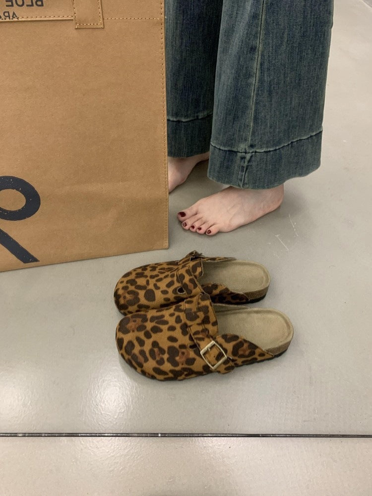 2025  platform-soled retro baotou half-slippers women's outerwear lazy one-pedal cork-soled leopard print Mary Jane Birkenstocks