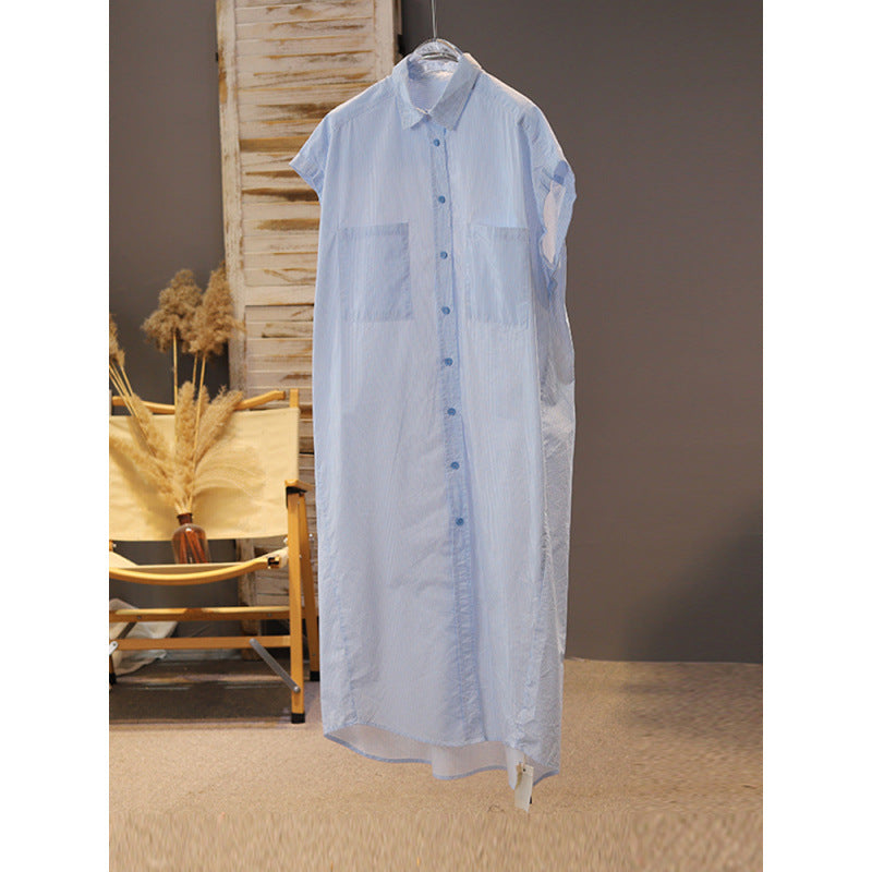 Summer  Simple Korean version loose sleeveless shirt covering meat medium and long cotton striped pocket shirt