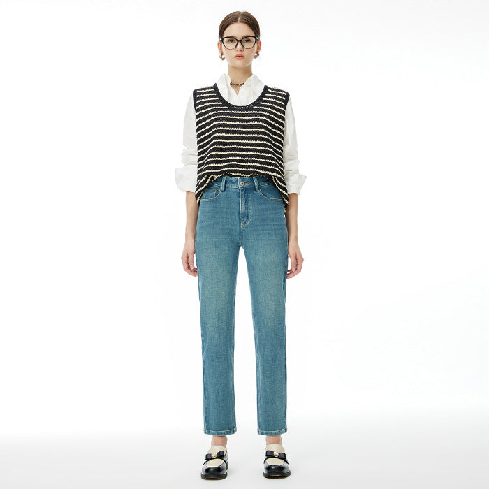 2025 24 autumn new women's nine-point pants 3.60 million like elastic denim baguette pants, high-waisted slim-fitting four-sided elastic jeans