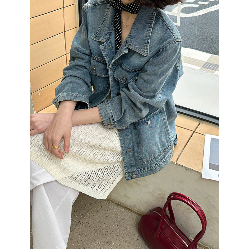 2025  spring new Korean version design sense washed denim lapel breasted casual loose jacket top 3170