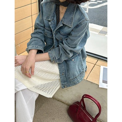 2025  spring new Korean version design sense washed denim lapel breasted casual loose jacket top 3170
