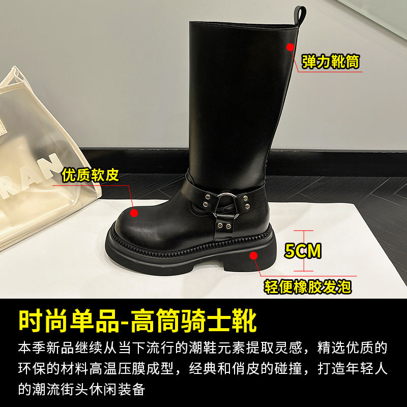 2025 Boots Women's but knee knight boots  autumn new thick-soled heightening locomotive boots belt buckle high boots