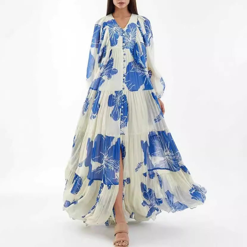 FLOWERSVERSE New cross-border new long-sleeved 2025 women's clothing fashion printing fairy long temperament evening dress dress