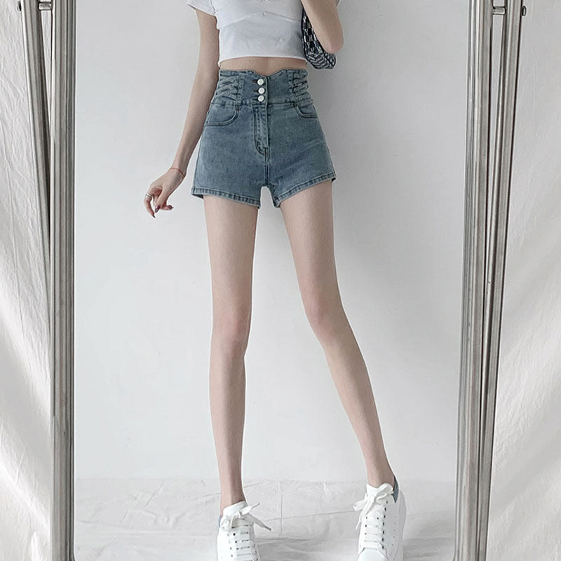 flowersverse Real Shot Hot Girl's Waist Cross Woven Ultra High Waist Belly Contracting Denim Shorts Women's  Hip Lifting Loose Wide Leg Fashion
