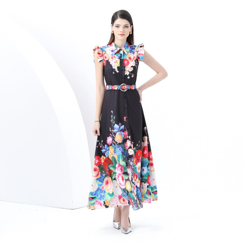 spring new retro court style small flying sleeves waist lapel single-breasted cardigan printed long dress
