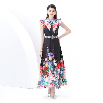 spring new retro court style small flying sleeves waist lapel single-breasted cardigan printed long dress