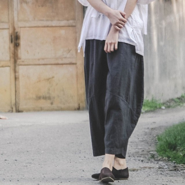 a new design linen cotton wide-leg lantern nine-point pants