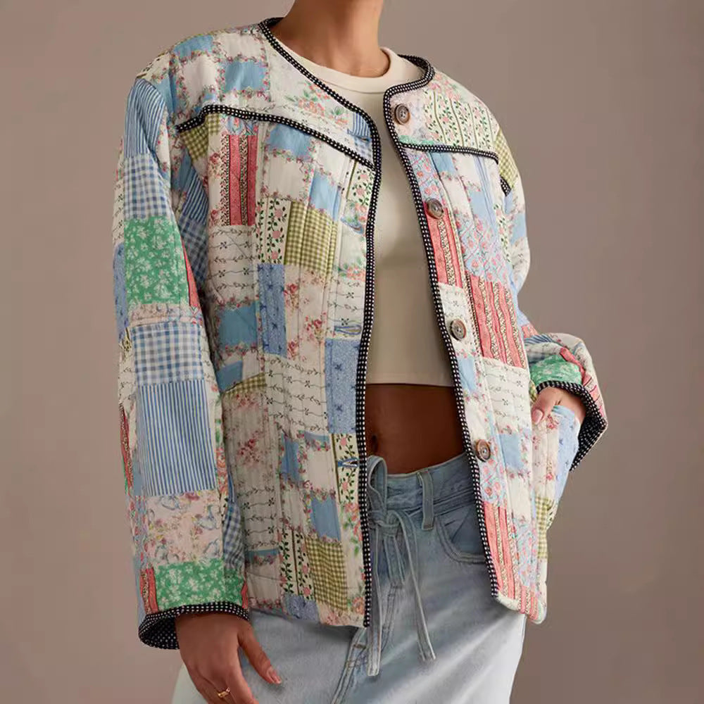 2025 autumn and winter European and American cross-border fashion patch single-breasted women's jacket round neck printed cotton clothing WQK0386