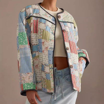 2025 autumn and winter European and American cross-border fashion patch single-breasted women's jacket round neck printed cotton clothing WQK0386