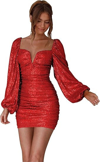 FLOWERSVERSE 2025New New Sequin Mini Wrap Dress Women's V-Neck Long Sleeve Bubble Sleeve Glitter Wrap Party Dress