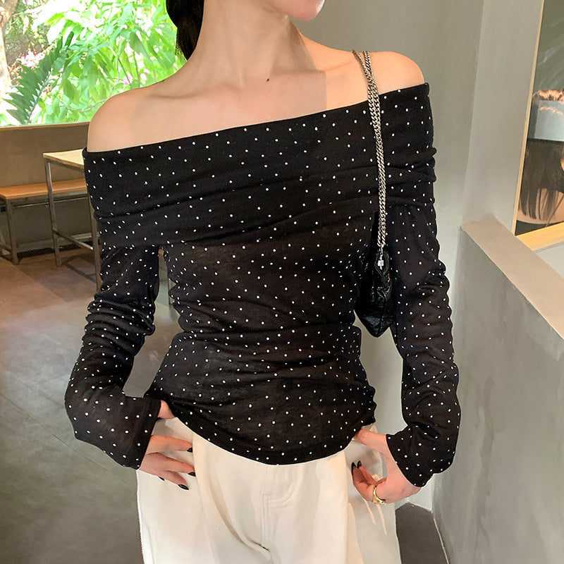 2025 spring and summer new retro polka dot simple temperament one-word neck long-sleeved shirt women's top 89288
