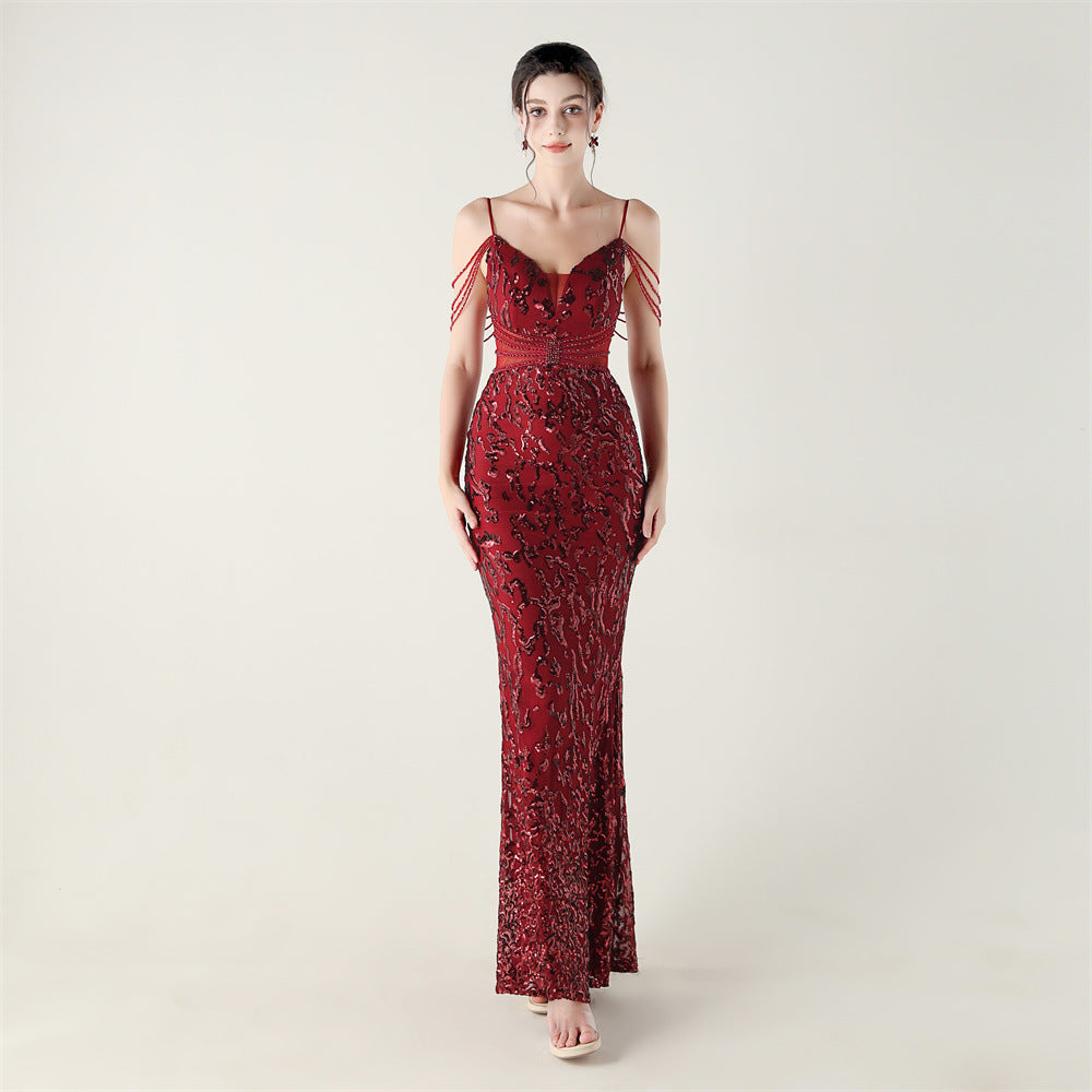 33396 # new heavy industry beaded mid-waist beaded fishtail evening dress, red carpet wedding banquet dress