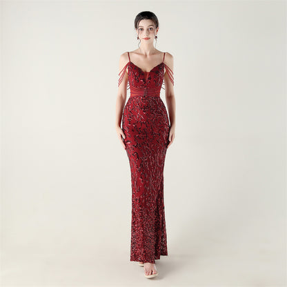 33396 # new heavy industry beaded mid-waist beaded fishtail evening dress, red carpet wedding banquet dress