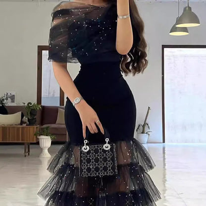 FLOWERSVERSE  New new hip wrap mid-waist waist black literary mesh sequined temperament commuter dress dress