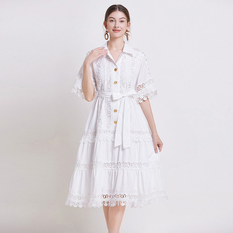 court style hollow lace splicing lapel short-sleeved dress women's lace-up waist elegant pendulum medium and long dress