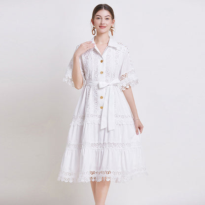 court style hollow lace splicing lapel short-sleeved dress women's lace-up waist elegant pendulum medium and long dress